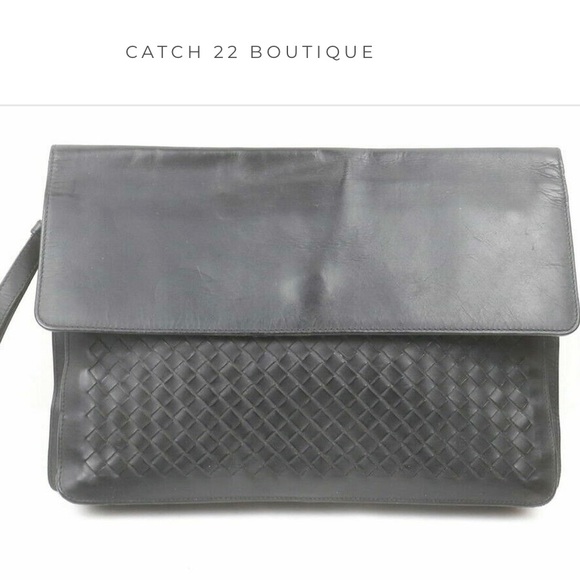 Bottega Veneta Handbags - SOLD Bottega Veneta Black Intrecciato Leather Flap Clutch